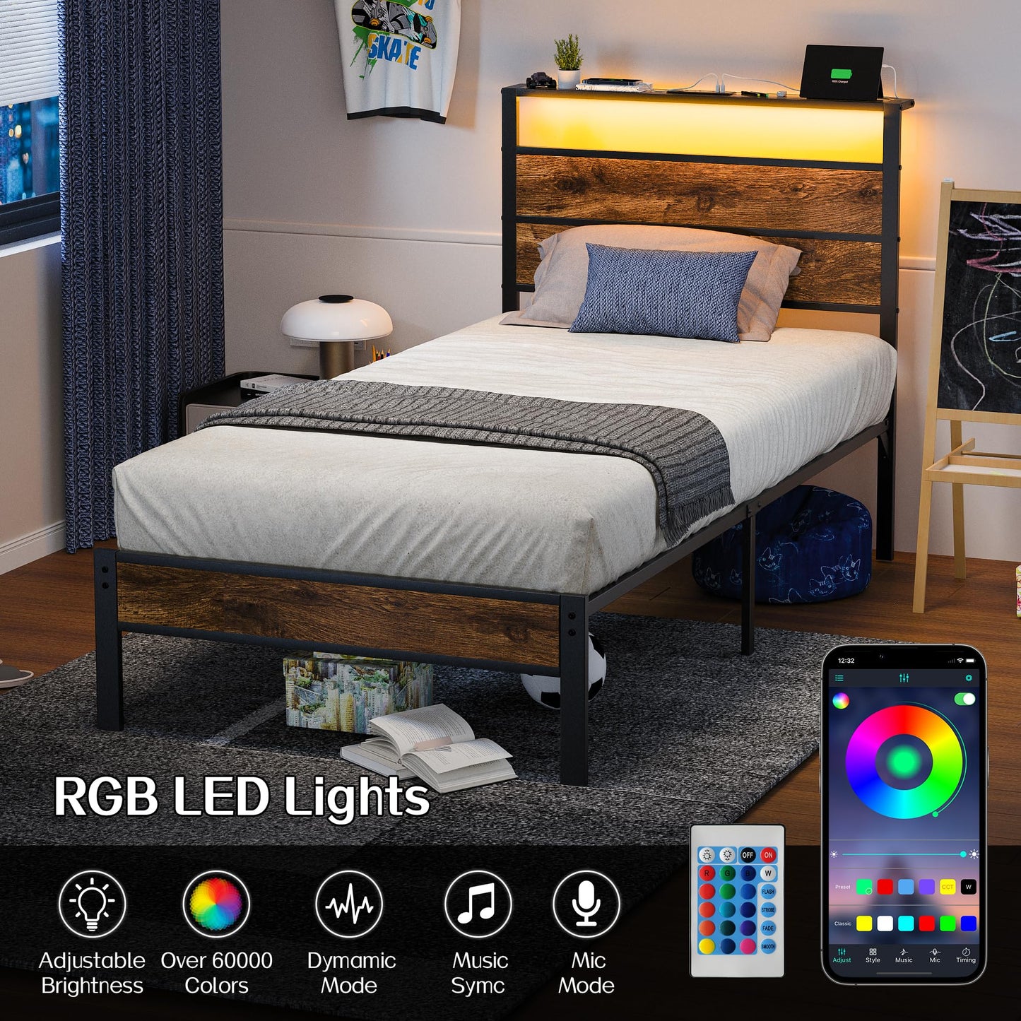 Liians Twin Bed Frame with Storage HeadboardUSB Charging Station, Smart LED Lights, Metal Platform Bed Easy Assembly, No Box Spring Needed