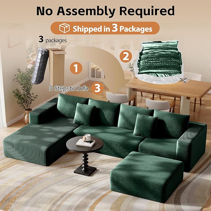 Fancyfire 134.6" Cloud Modular Sectional Couch with Chaise and Pillows,Ultimate Comfort U-Shaped Deep Seat Sofa,Boneless Couch Upholstered 3-Seater Sofas for Living Room, No Assembly Required(Green)