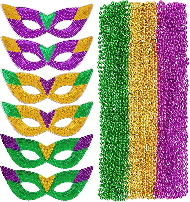 Sdfvsdg 24 Pcs Mardi Gras Face Masks and Necklaces Mardi Gras Costumes Outfit Accessories 6 Sequin Eye Mask 18 Colorful As...