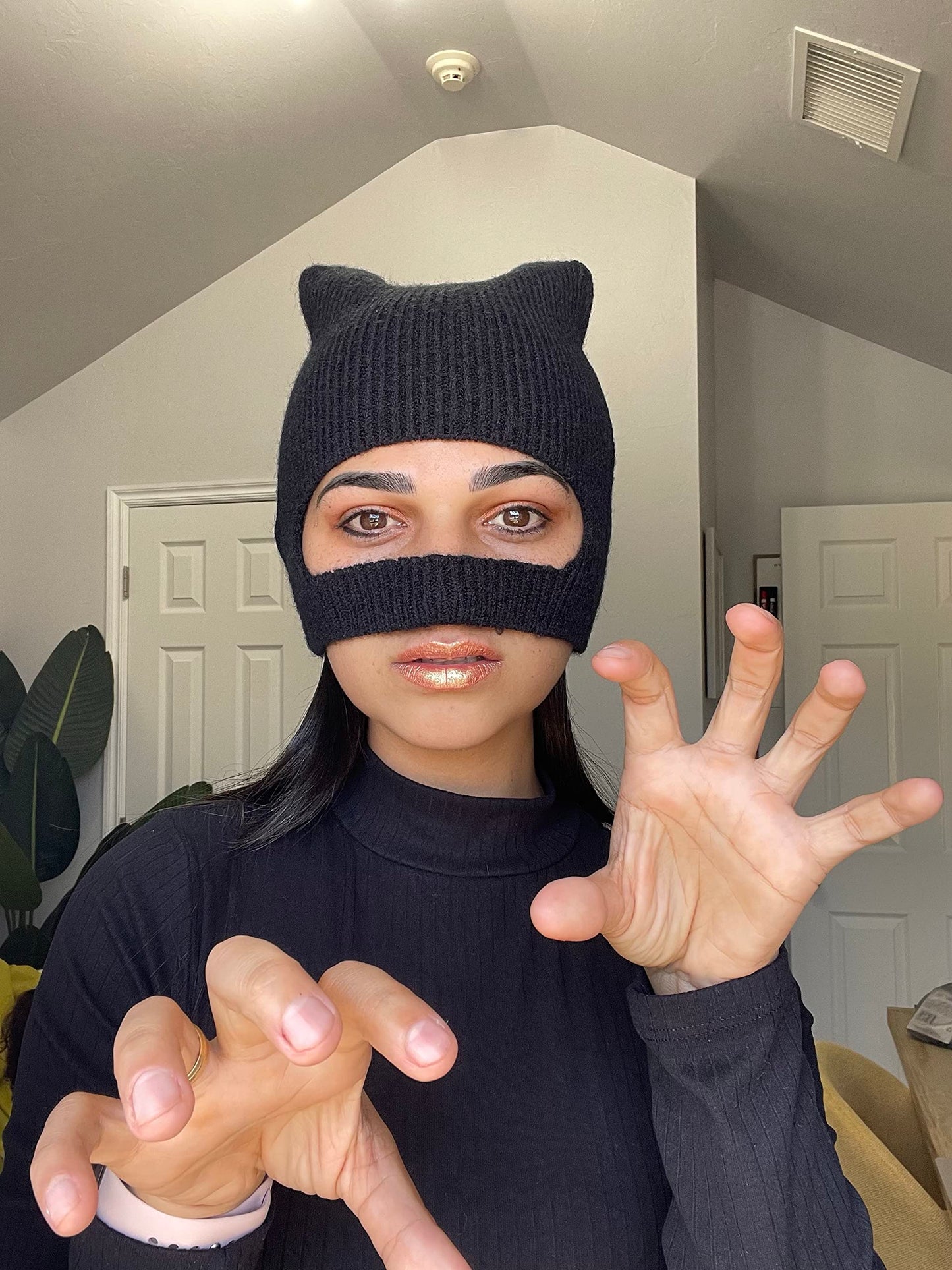 ComfyCamper Catwoman Mask Costume - Halloween Women Woman Girls Adult - Superhero Cat Face Roleplay - Black Knit