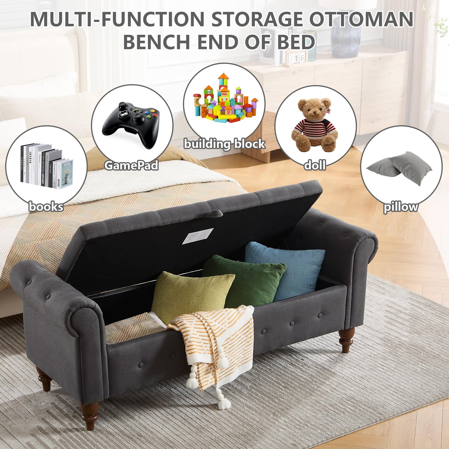 IHDKO 63'' Storage Ottoman Bench End of Bed, Bedroom Bench with Rolled Arms and Legs, Upholstered Ottomans with Storage King Size for Foot of Bed, Living Room, Apartment, Entryway