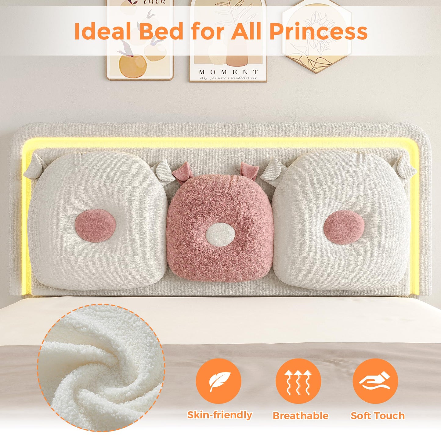Bed Frame Queen with Boucle Upholstered Headboard, Girls Bed, Solid Wood Slats Support, Fully Upholstered Mattress Foundation/No Box Spring Needed/Easy Assembly, White Bed Frame Queen