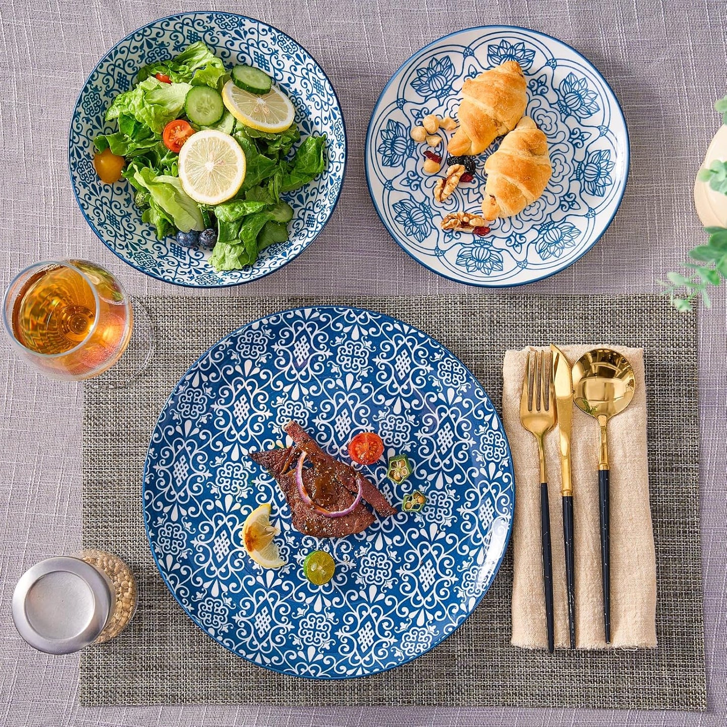 Bestone Porcelain Dinnerware Sets Service for 4, 12 pcs Hand drawn Plates and Bowls Sets, Handmade Ceramic Dish Set, Chip Resistant Modern Plate Set, Dishwasher/Microwave Safe，Vintage Blue