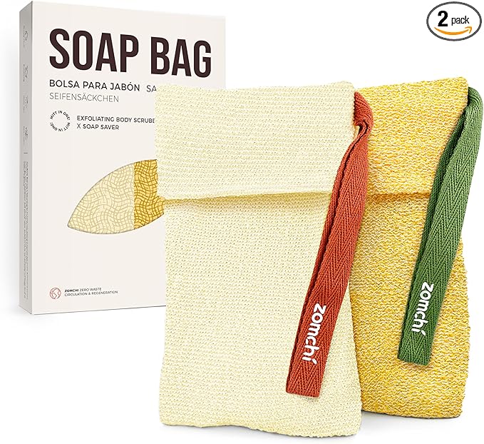 ZOMCHI Bar Soap Saver Bag with Different Roughness, Exfoliating Soap Bag, Soap Pouch for Body Wash (2 Pieces, Yellow)