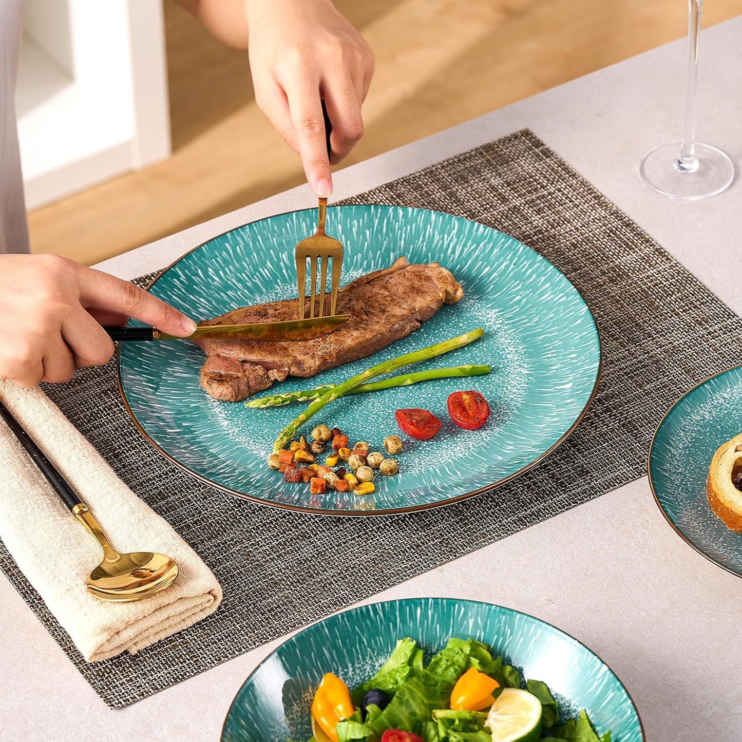 Bestone Plates and Bowls Sets,12 Pieces Round Porcelain Dinnerware Sets,Dishes, Plates, Dishware Sets,Chip Resistant Ceramic Dish Set Dining Dinner Ware Service for 4,New green