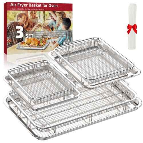 Air Fryer Basket for Oven, 3 Set Stainless Steel Oven Air Fryer Basket and Tray with 90 PCS Parchment Papers, OPENICE Air Fryer Pans and Crisper Tray - 18.7" x 12.8", 15.6" × 11.6" & 12.8" × 9.6"