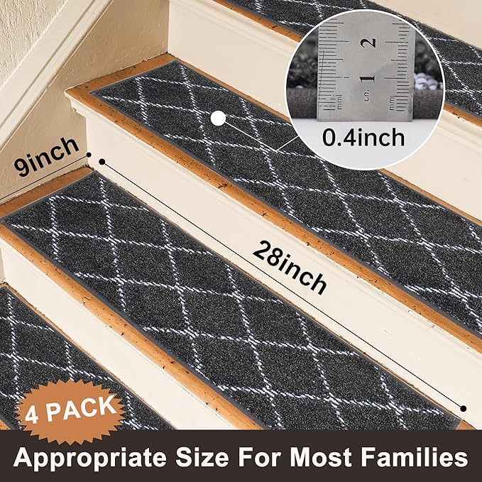 BEQHAUSE Stair Treads for Wooden Steps Polyester Soft Stair Runner Self-Adhesive Stair Rugs Non Slip for Dogs and Kids with TPE Backing 28inX9in Washable Stairs Carpet 4pcs,Dark Grey
