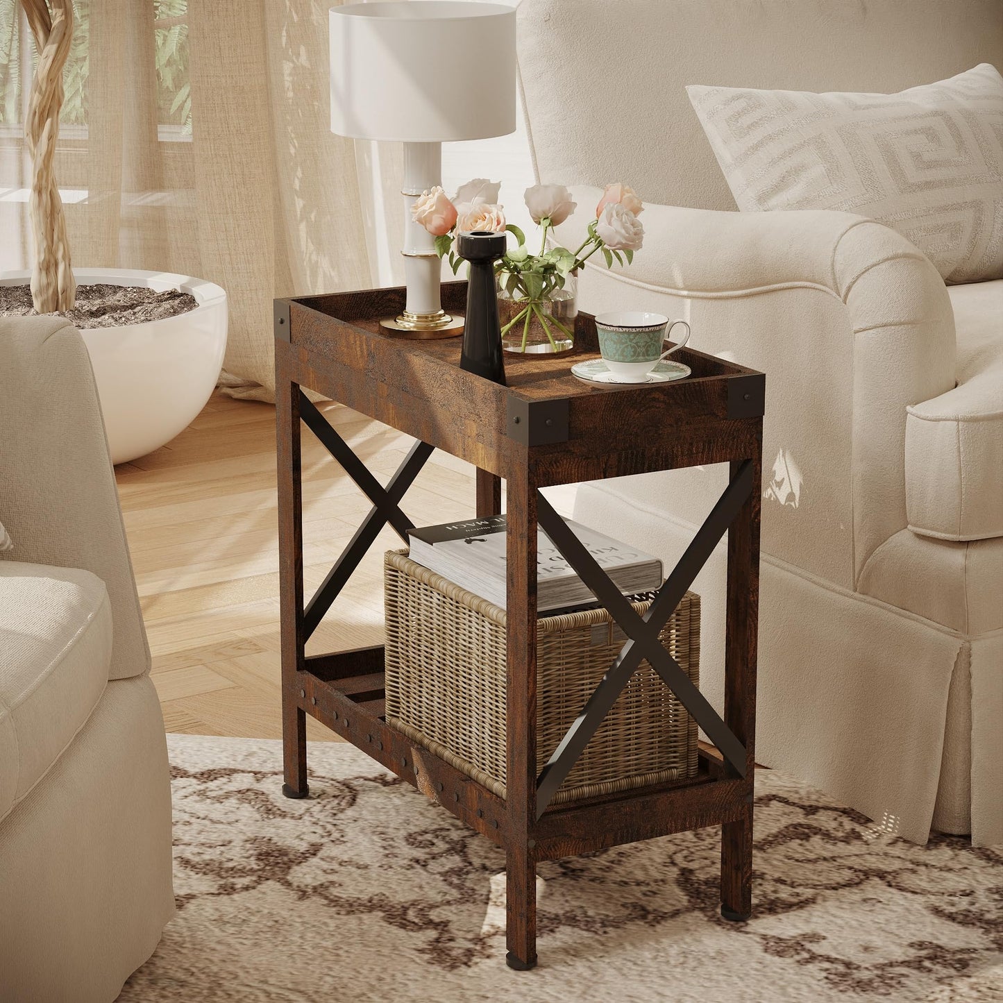 ZEXVIDA Narrow Side Table, End Table,Sofa Side Table, End Table Nightstand for Bedroom, Living Room, Small Spaces (Rustic Brown)