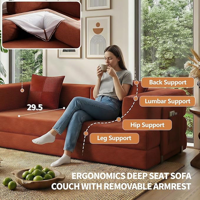 Fancyfire 78.8" Convertible Sofa Bed with Armrest Pillow,4-in-1 Sleeper Couch Bed for Livingroom,Modular Corduroy Boneless couches,No Assembly (Orange)