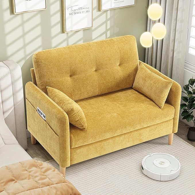 Hanherry Loveseat Sofa, 47” Small Couch for Living Room, Comfy Chenille Fabric Love Seat for Bedroom with Throw Pillow,Removable Cushion Cover,Couches for Small Space,Apartment,Dorm