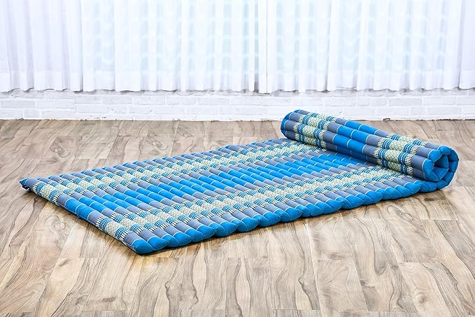 Leewadee - Foldable Floor Mattress - Japanese Roll Up Futon -Trifold Tatami Mat- Guest Floor Bed - Camping Mattress - Thai Massage Mat, Kapok Filled, 75 x 39 inches, Light Blue