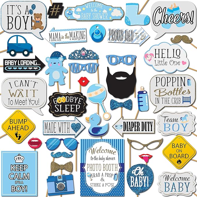 Boy Baby Shower Photo Booth Props - 41-pc Photo Booth Kit with 8 x 10-Inch Sign, 60 Glue Dots, 45 Sticks - Picture Props f...
