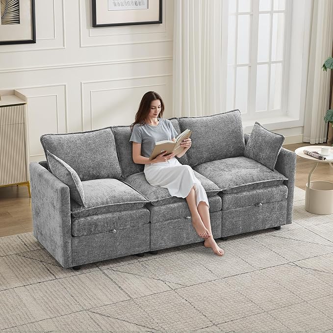 80" Cloud Modular 3 Seater Sofa with Storage, Modern Upholstered Storage Sofa Couch Deep Seat, Sectional Sofa Chenille Comfy Couch with Armrests for Living Room, Small Space, Light Grey