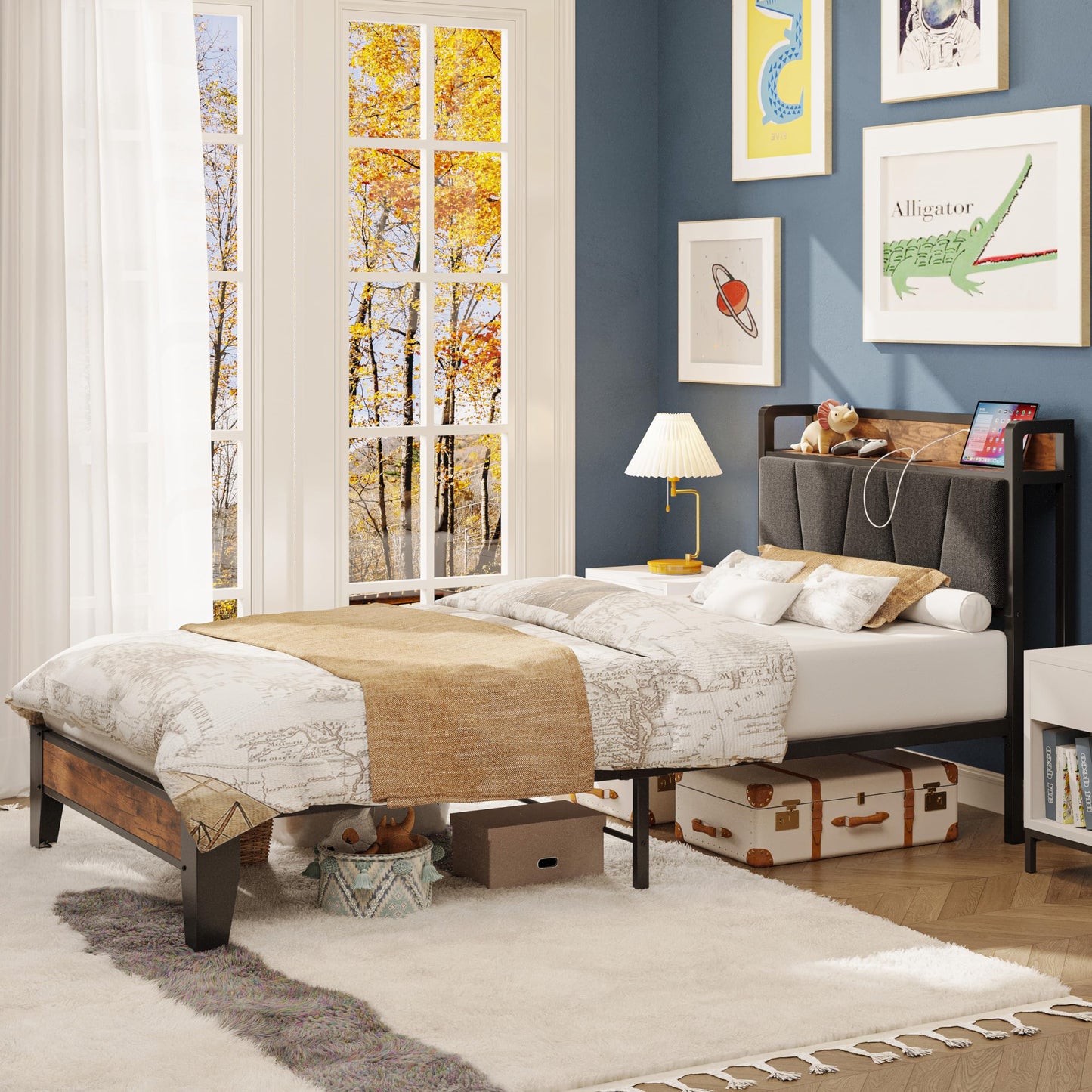 LIKIMIO Twin XL Bed Frames, Storage Headboard with Charging Station, Solid and Stable, Noise Free, No Box Spring Needed, Easy Assembly