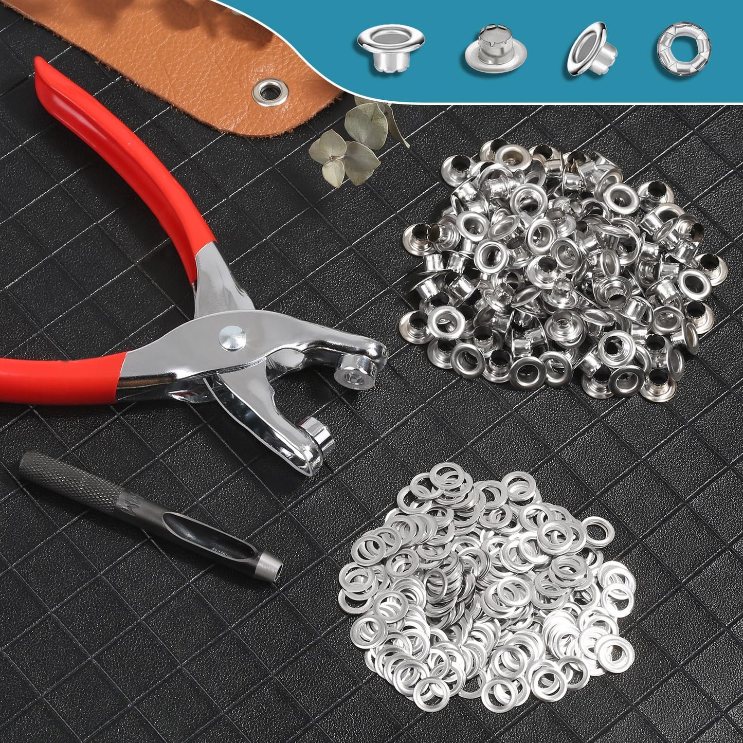 803Pcs Grommet Tool Kit 6mm 1/4 Inch(Inside Hole Size) Eyelet Kit with 400Pcs Eyelets Grommets, 400Pcs Washers and Grommet Eyelet Pliers for Leather/Belt/Shoes/Crafts