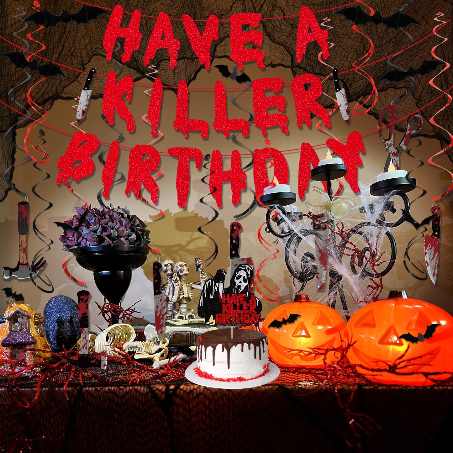 Trgowaul Halloween Horror Birthday Decorations, 31PCS Halloween Party Supplies, Hanging Swirls, Killer Cake Topper, Banner, Black Creepy Cloth&3D Bat Sticker for Spooky Haunted House Fireplace Decor