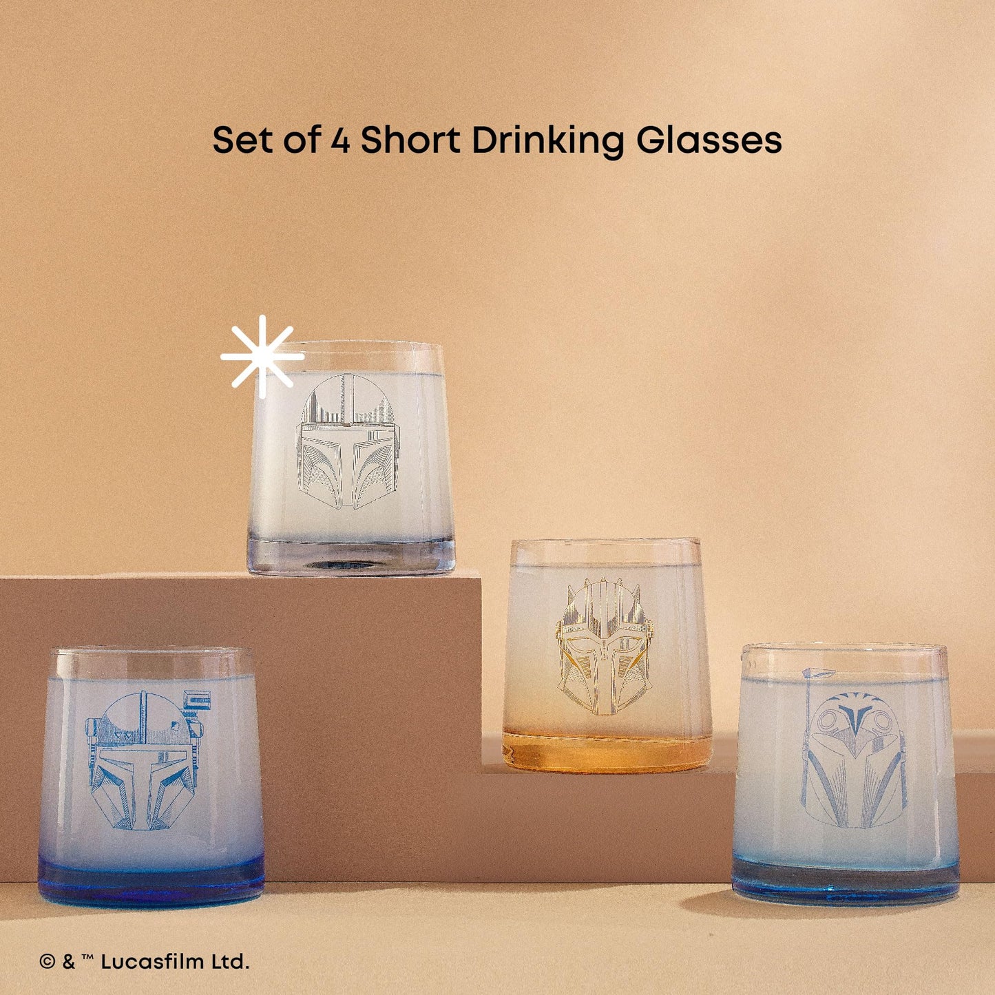 JoyJolt Star Wars The Mandalorians Short Drinking Glasses Set of 4, 10 oz Lowball Glasses ft Mandalorian Helmet Designs, Coffee and Water Tumbler Cups, Star Wars Gifts for Men, Women, and Adults