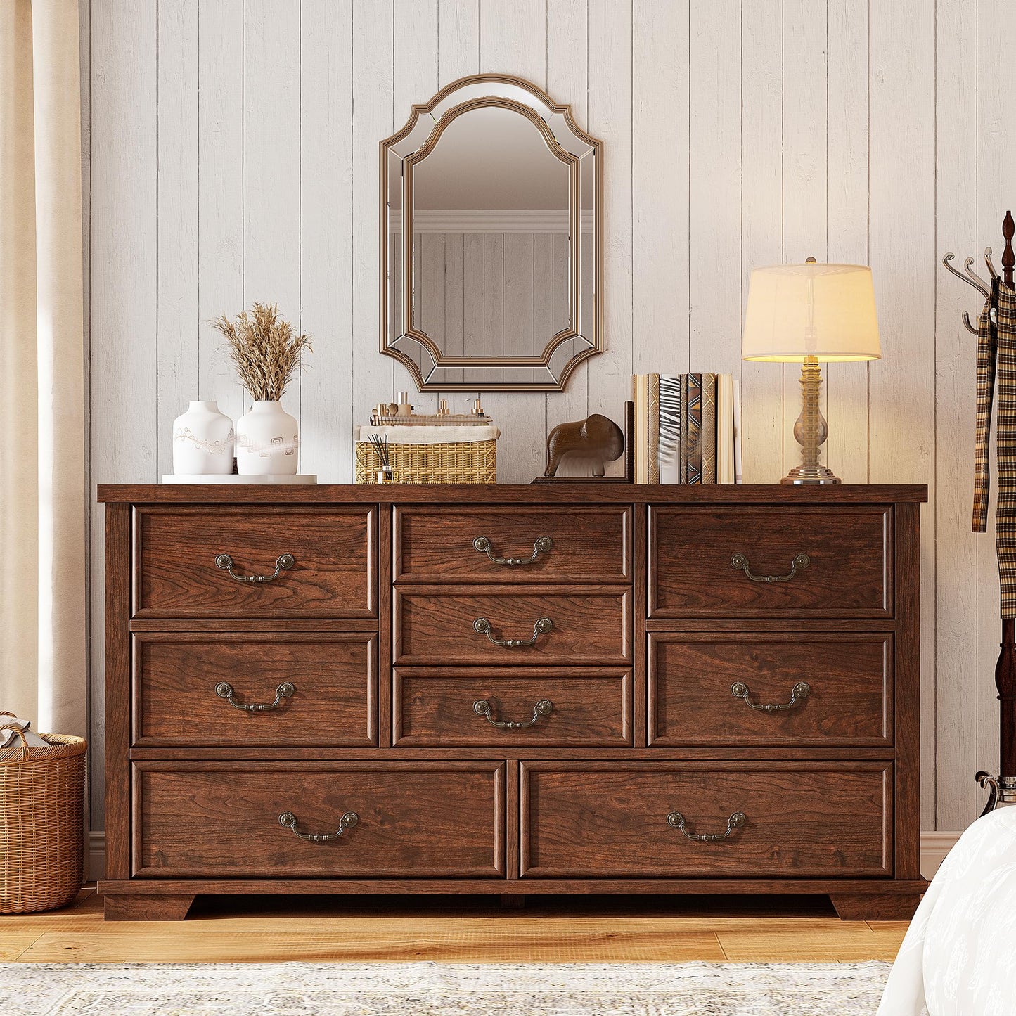 EnHomee Farmhouse 9 Drawer Dresser for Bedroom, 52" Wooden Dresser with Vintage Design, Hallway, 15.6" D x 52" W x 36" H Antique Brown