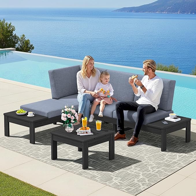 SERWALL HDPE Outdoor Furniture Set, 4 Seats Outdoor Sectional with Coffee Table, All-Weather Patio Sofa Set, Patio Conversation Sets with Adjustable Backrest Sofa for Garden, Backyard, Black with Grey