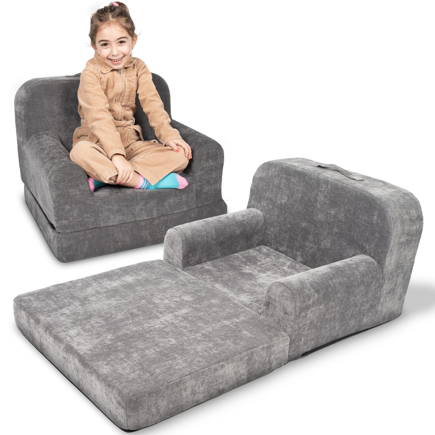 ParkaLounger Children's Sofa 2-in-1 Convertible Chair & Sleeper - Durable Foam Keeps Its Shape - Lightweight, Portable with Handle - Soft, Sturdy & Cozy Seat for Lounging & Play, Gray, Medium