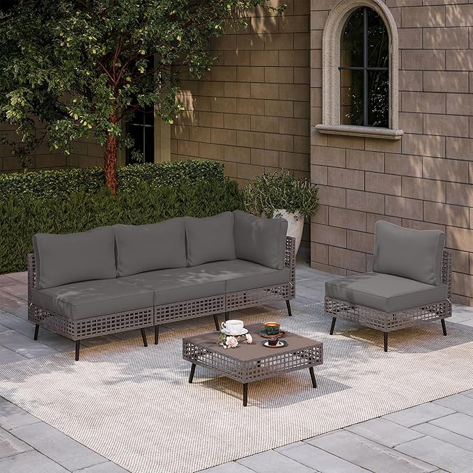 LAUSAINT HOME 5 Pieces Outdoor Sectional Sofa Set, All-Weather PE Wicker Rattan Patio Conversation Set with Thick Cushions & Coffee Table, Patio Furniture Set for Garden, Backyard, Porch (Grey)
