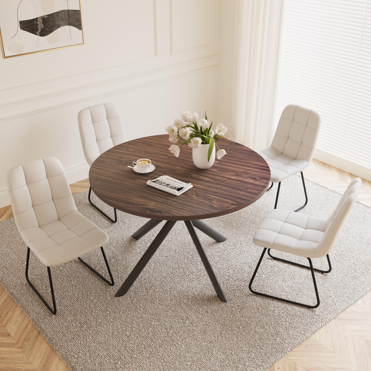HIPIHOM 45.3 Inch Round Dining Table Set for 4, Mid Century Modern Small Coffee Set for Dining Room Kitchen Apartment (Walnut Table + 4 U-Shaped White Chairs)