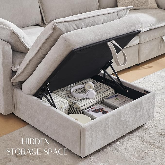 85.83" Sectional Couches for Living Room, Cloud Couch Sectional with Large Storage Ottoman, L-Shape Modular Sectional Sofa with 5 Seater Chenille Sofa and Pillow for Apartment, Bedroom, Light Gery