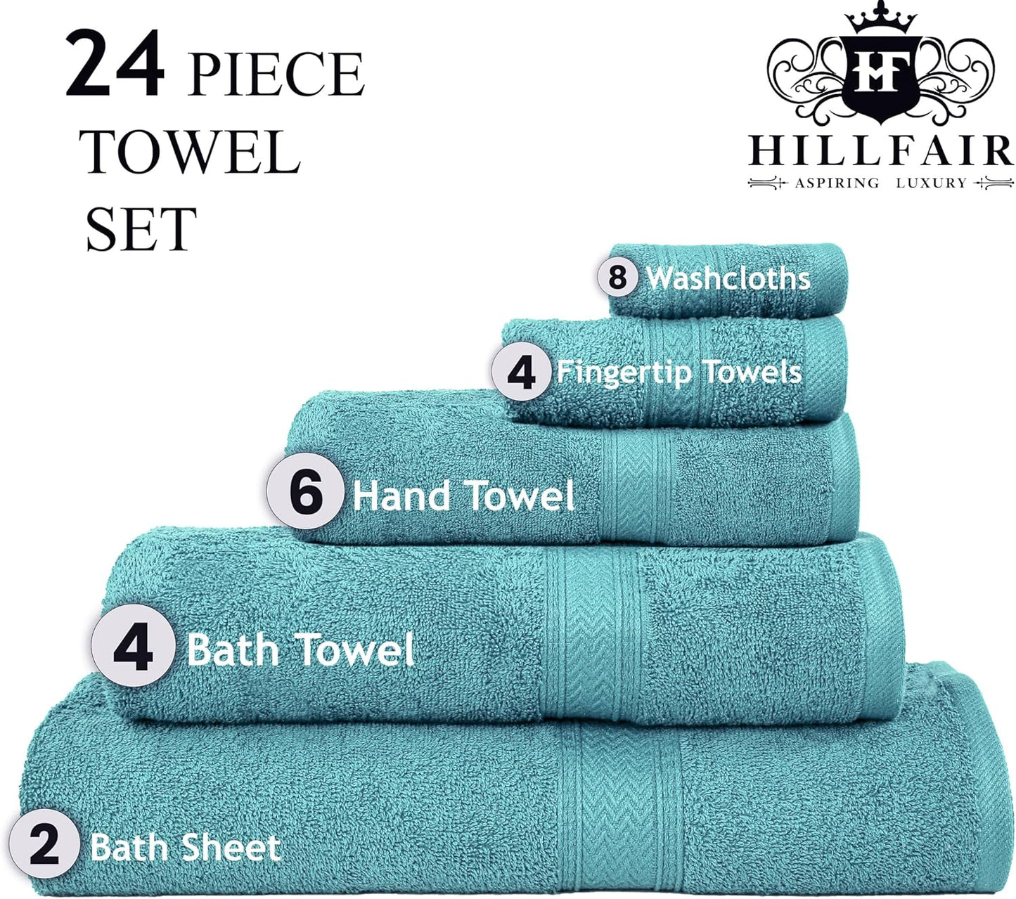 HILLFAIR 24 Piece Bath Towels Set for Bathroom- 100% Cotton 24 PC Bulk Pack Hotel Spa Towel Set- 2 XXL Oversized Big Towels, 4 Bath Towels, 6 Hand Towels, 4 Fingertip Towels, 8 Washcloths: Turquoise