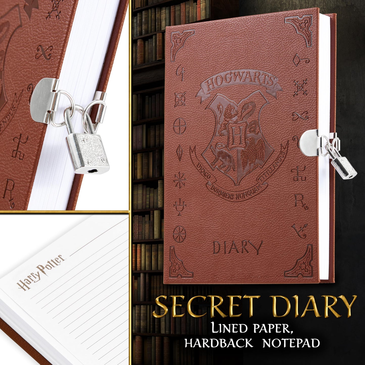 Harry Potter Lockable Diary with UV Invisible Ink Pen for Kids, Teens, Secret Journal with Key, Lined Pages, Stationery Supplies, Gifts for Kids (Brown UV Pen)