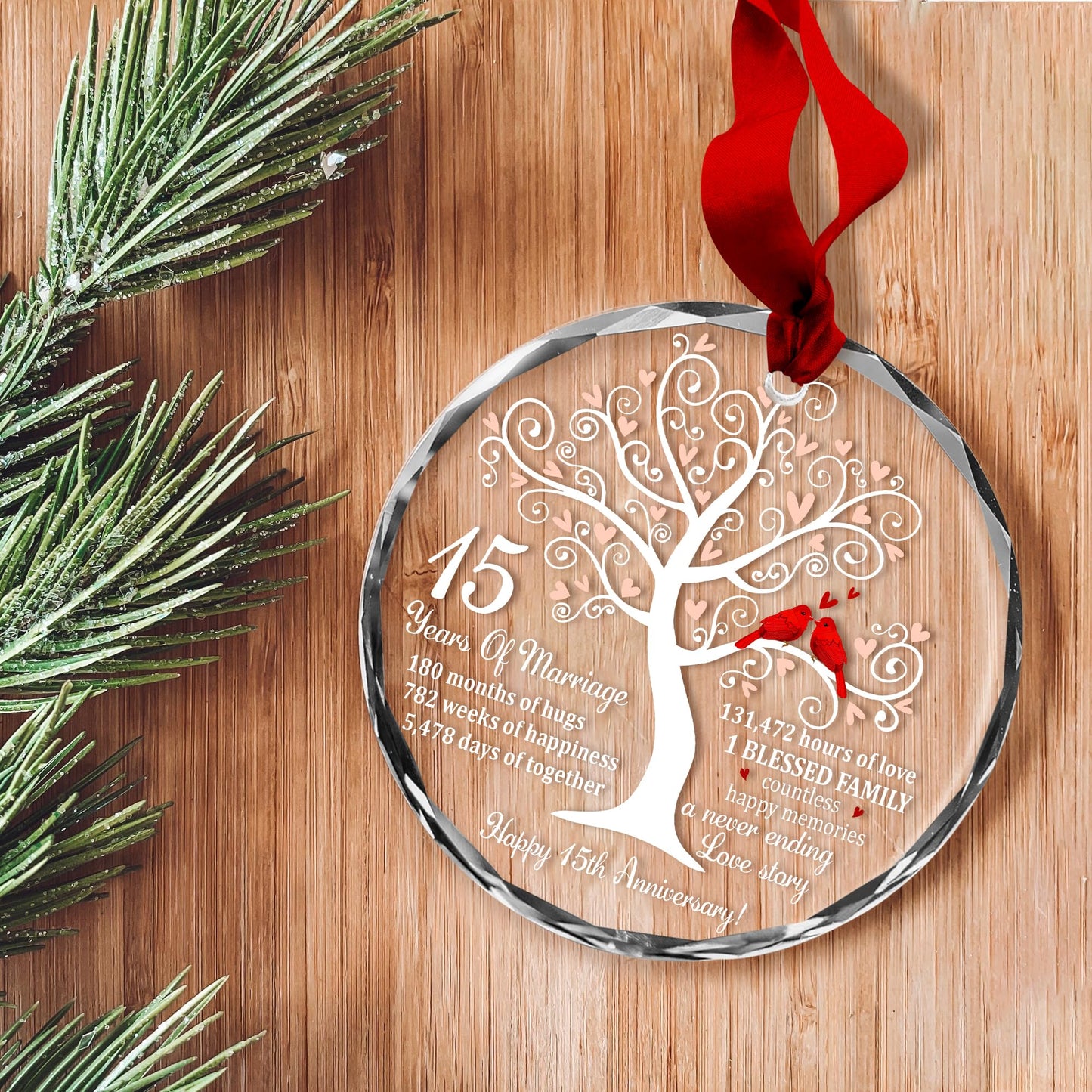 Bozspacer 15th Wedding Anniversary Ornament for Parents Couple Wife Husband - Crystal Anniversary Wedding Gift Ideas - Glass Ornament for 15 Years Marriage
