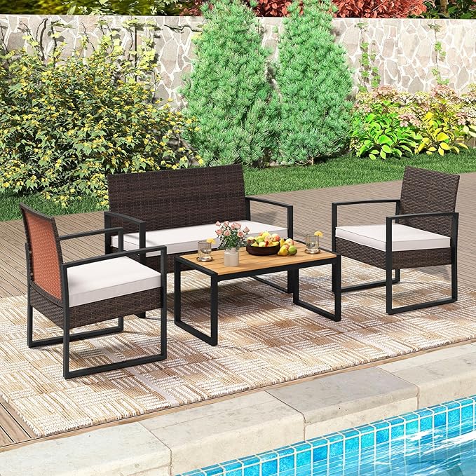 Tangkula 4 Pieces Patio Furniture Set, Outdoor Rattan Conversation Set w/Cushioned Chairs & Wood Plastic Coffee Table, Wicker Sectional Seating Furniture for Backyard, Poolside, Porch (Off White,1)