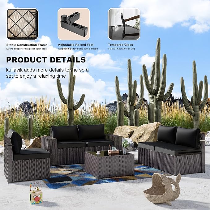 Kullavik Outdoor Patio Furniture Set 6 Pieces Sectional Rattan Sofa Set Brown PE Rattan Wicker Patio Conversation Set with 5 Seat Cushions and 1 Tempered Glass Table,Black
