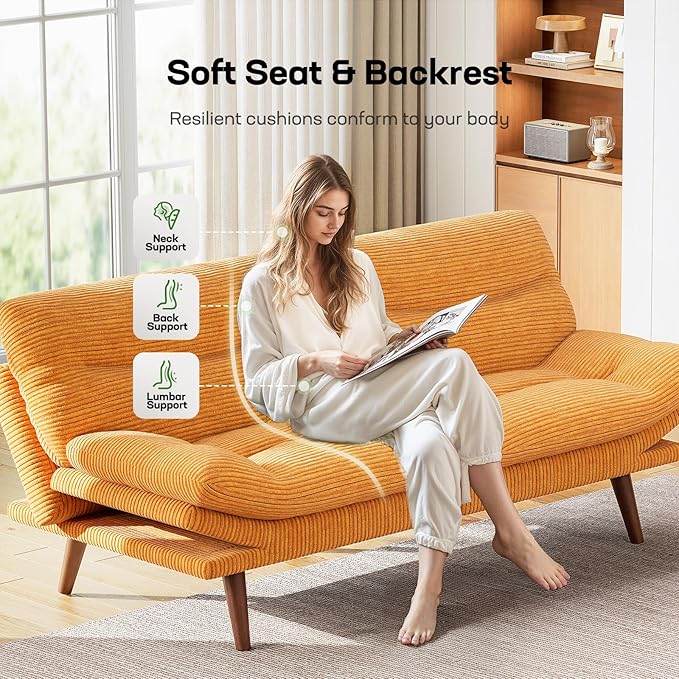 Marsail Futon Sofa Bed, 66” Futon Couch with Adjustable Backrest & Armrests, Convertible Small Sleeper Sofa Bed for Small Apartments, Study Room, Office, Corduroy Loveseat, Yellow