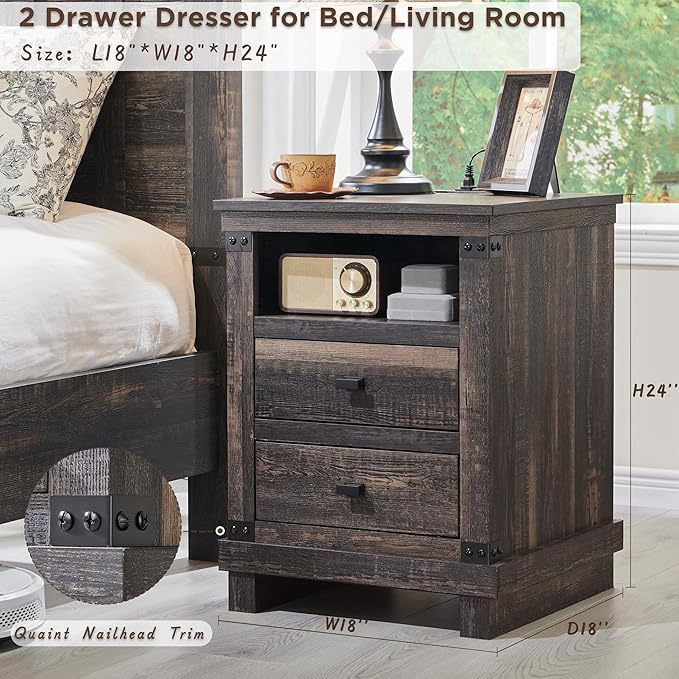 RedLemon Farmhouse Nightstand with Charging Station, 18" Rustic Night Stand with 2 Storage Drawers, Wood End Table for Bedroom, Living Room, Dark Rustic Oak Color