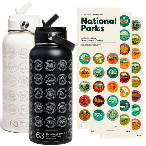 National Parks Water Bottle with Stikcers Kit, Erikas Chesonies Collaboration, Adventure Flask with Straw, Waterproof Stikcers for Water Bottle, Insulated Bundle (Black & Tan)