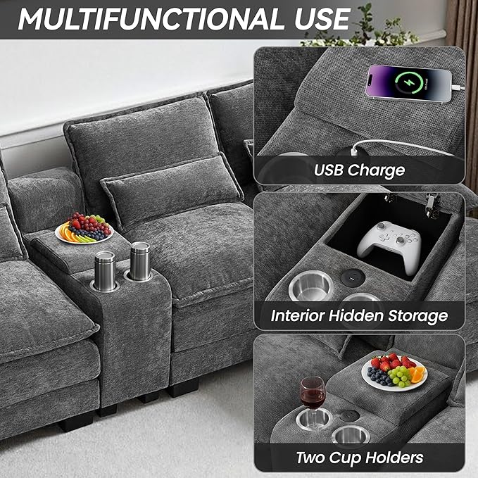 125" U Shaped Cloud Modular Sectional Couch for Living Room, Small Comfy Chenille Sofa with Double Chaise Lounge, Storage Central Console, Cup Holders, USB Port,Grey