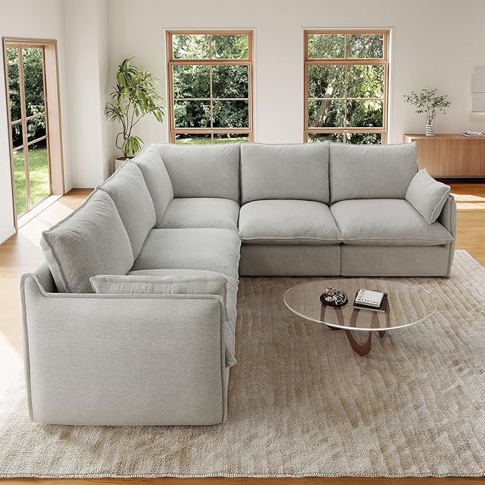 Forest aesthetics Cloud Modular Sectional,V Shape 5 Seater Waterproof High Backrest Sectional Sofas,Down Filled Modular Couch with Removable Washable Cover for Living Room,Light Gray