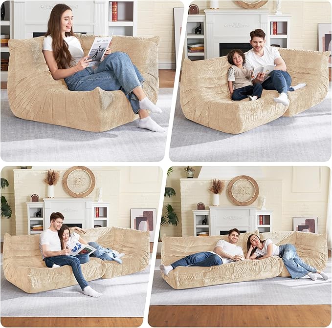HABUTWAY Bean Bag Chair, Memory Foam Bean Bag Chairs for Adults, Fireside Corner Chair Lazy Floor Corner Sofa for Living Room, Bedroom, Dorm, Office (Khaki)