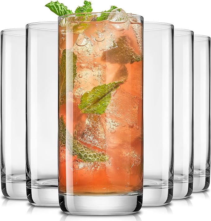 JoyJolt Faye 13oz Highball Glasses, 6pc Tall Glass Sets. Lead-Free Crystal Drinking Glasses. Water Glasses, Mojito Glass C...