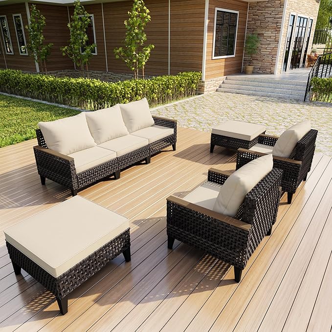 PCSXDSW 7 Pieces Patio Furniture Set, Outdoor Conversation Sets with Footstool, Wicker Rattan Sofa Couches Chairs Ottomans for Porch, Poolside, Deck, Balcony, Backyard, Yard, Garden (Beige Cushions)