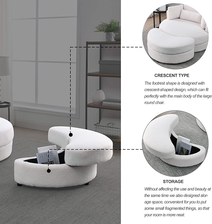 Yoglad Modern Swivel Accent Round Chair, Barrel Sofa with Storage Ottoman, Oversize Lounge Chair, Linen Fabric Round Chair with Pillows, for Living Room, Office (Lvory, 51")