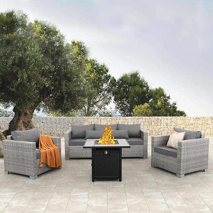 WAROOM Patio Furniture Set 4 Piece Wicker Conversation Sets PE Rattan Chair Outdoor Couch Sectional Sofa with 30" Fire Pit Table, Grey Cushion