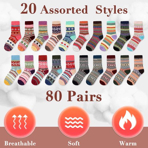 Taiyin 80 Pairs Bulk Wool Socks for Women Warm Winter Soft Thick Thermal Hiking Socks Fluffy Indoor Cozy Christmas Boho Gifts