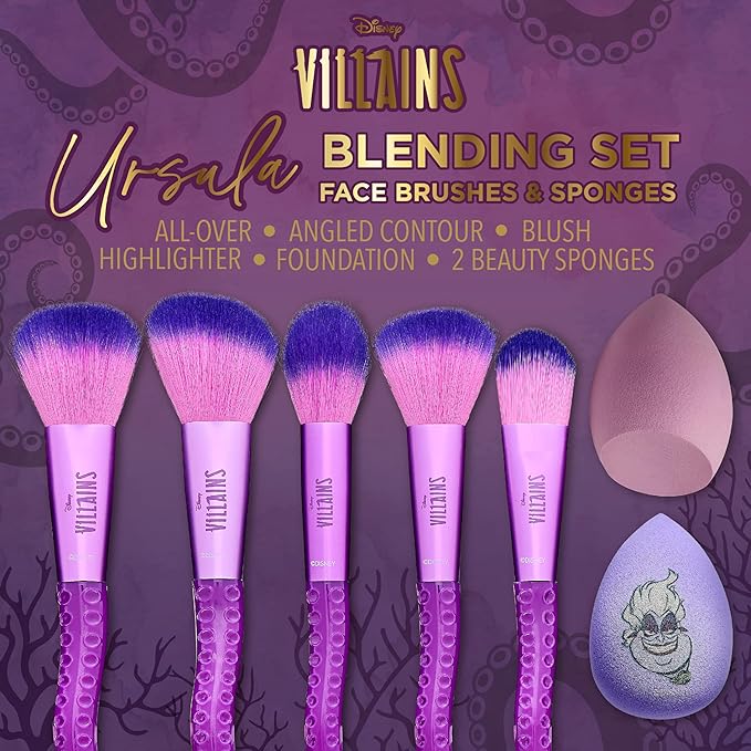 Disney Ursula 7PC Premium Makeup Brush & Blender Set, All-over, Highlighter, Concealer, and Eyeshadow Brush, 2 Beauty Blender Sponges for women and girls by Belle Maison
