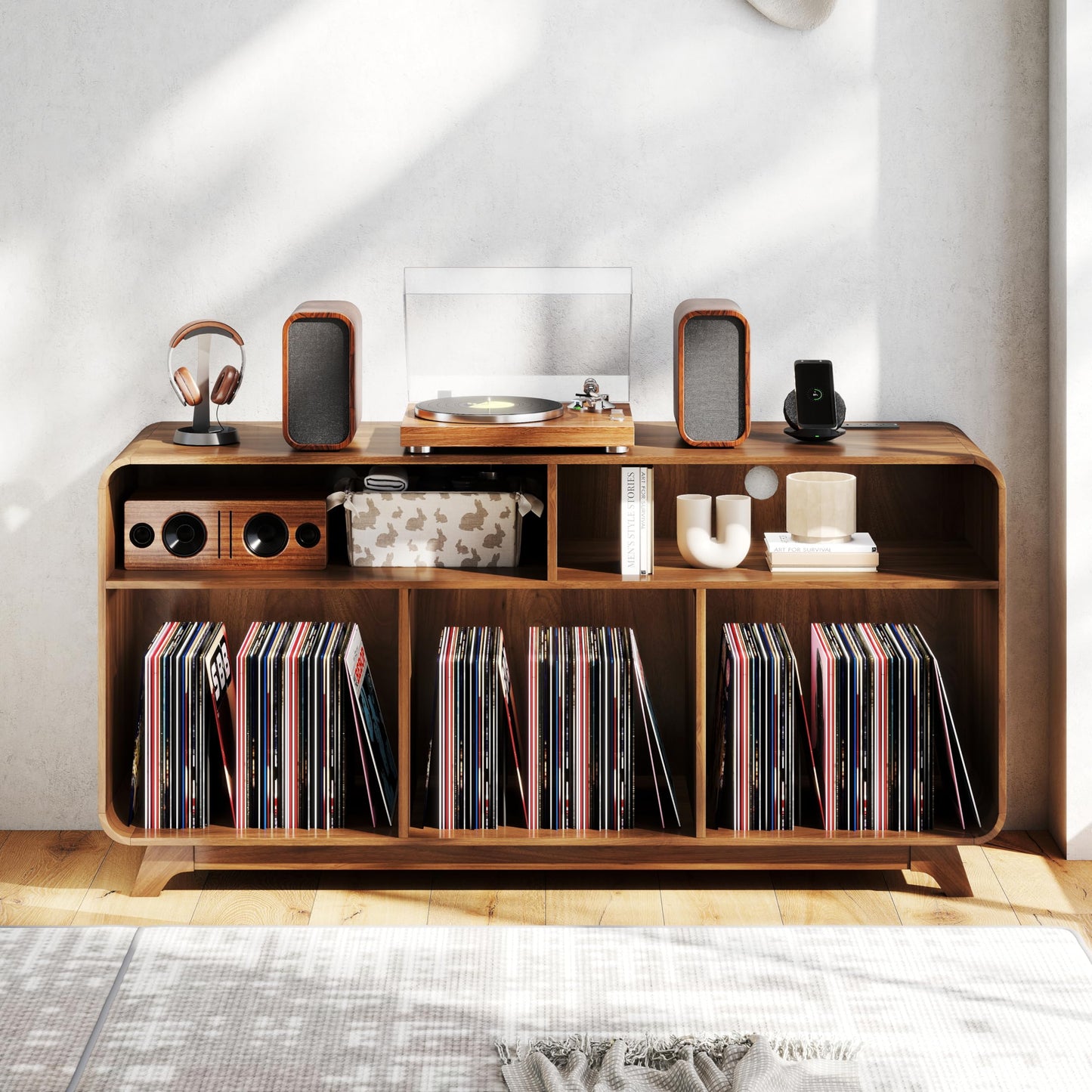 Boweniog Record Player Stand with Vinyl Storage Cabinet with Charging Station & USB Ports, Turntable Stand, Curved Vinyl Record Cabinet with Wood Legs for Bedroom Living Room (Walnut, 55inch)