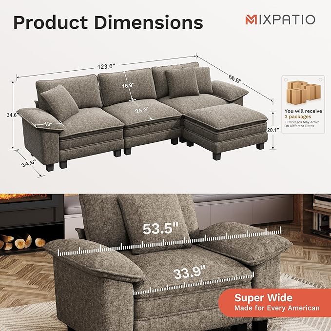 MIXPATIO 123-Inch L Shaped Sectional Sofa with Cloud Cushions, Deep Seat Modular Couch Set w/ 4 Seats & 1 Ottomans, Removable Arms, Plush Chenille Upholstery for Living Room, Apartment - Smoky Gray