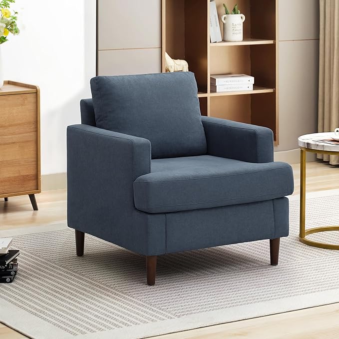 Weture Mid-Century Accent Chair,Modern Linen Fabric Armchair for Living Room,Comfy Upholstered Reading Accent Chairs for Bedroom,Single Sofa Chair with Wood Legs (Blue Grey, 1 Pack)