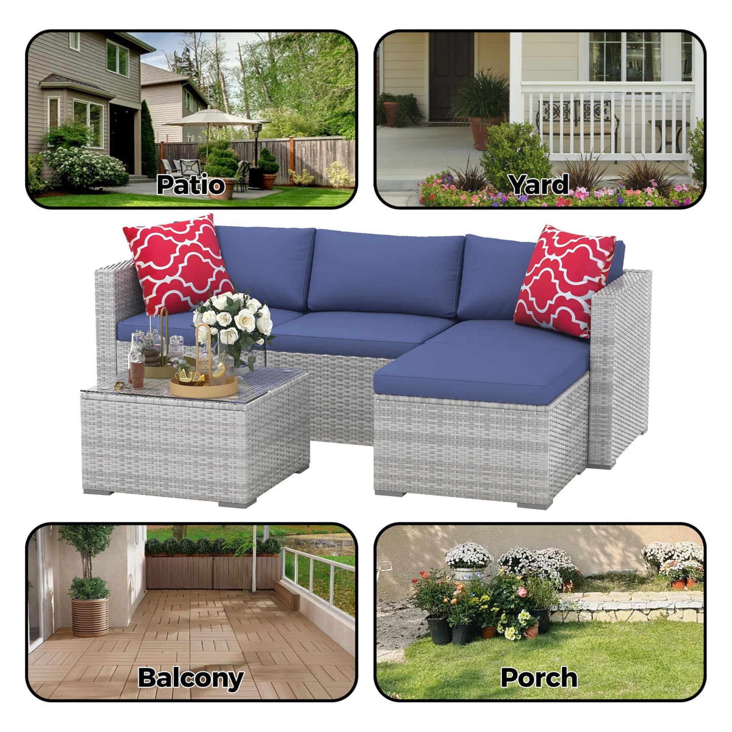 IDEALHOUSE 5-Piece Outdoor Sectional Sofa Set – All-Weather PE Rattan Conversation Furniture with Tempered Glass Table, Waterproof Blue Cushions & Footstool – Garden, Porch, Poolside – Gray Gradient
