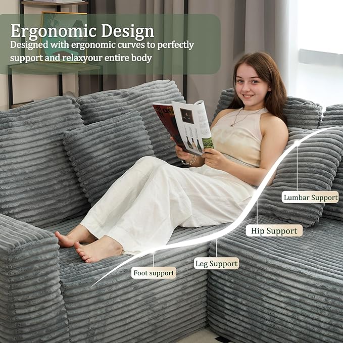 SEENYOO 135.5" Cloud Sectional Couch,Boneless Corduroy Sofa for Living Room,Oversized U Shaped Sofa with Chaise,Deep Seat,No Assembly Required,Modular Sectional Sofa（Grey）