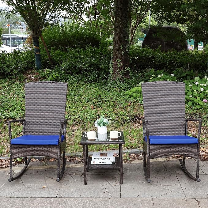 Oasishine Rocking Chair Outdoor 3 Pieces High-Backed Patio Rocking Chairs Bistro Table and Chairs Set of 2, Royal Blue